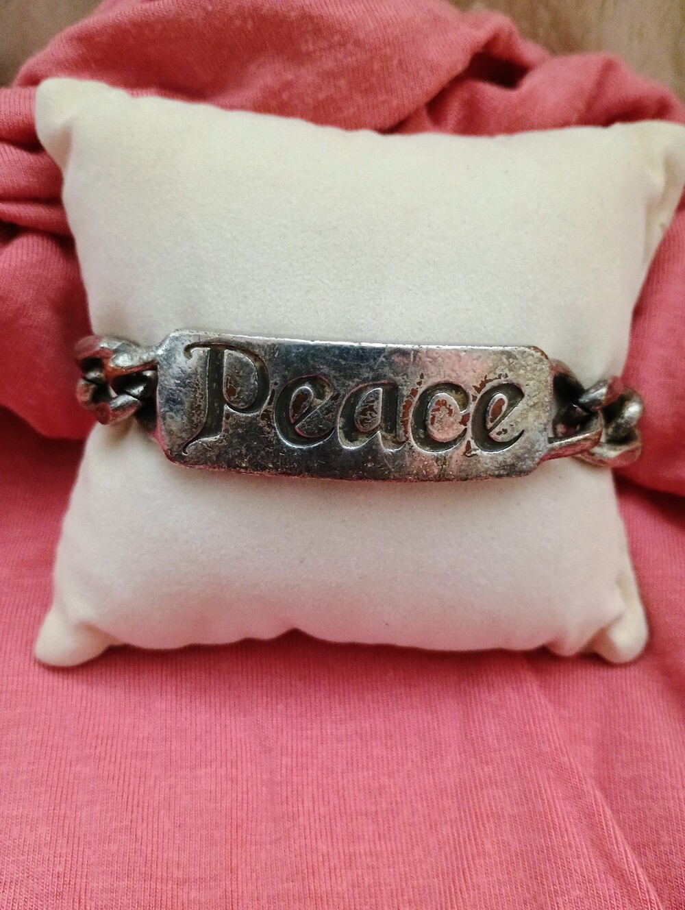 Vintage Lucky Brand Chunky Chain "Peace" ID Bar Bracelet